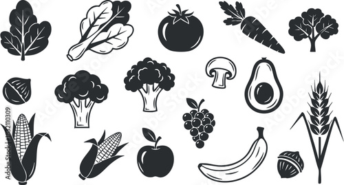 A collection of various vegetables and fruits in black and white minimalist vector style, perfect for healthy food designs