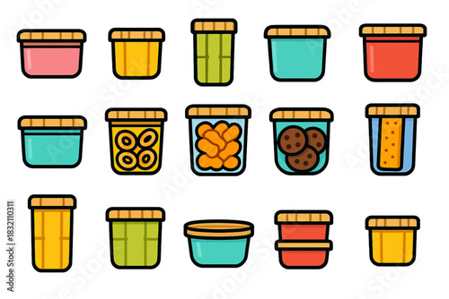 Colorful assorted food containers with snack icons on white background