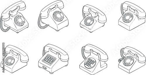 A collection of vintage telephones in outline vector style, ideal for retro-themed designs or telecommunications projects