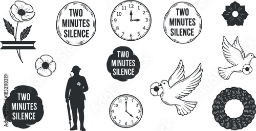 A collection of remembrance icons including doves, clocks, poppies, and text in black and white vector style, suitable for memorial designs