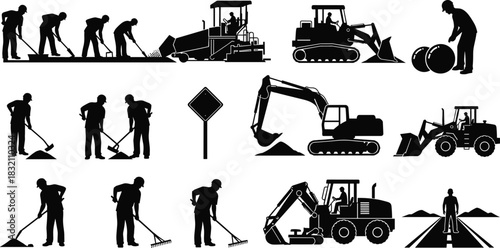 Set of road construction worker silhouettes with heavy machinery, excavators, and paving equipment building highway isolated on white.