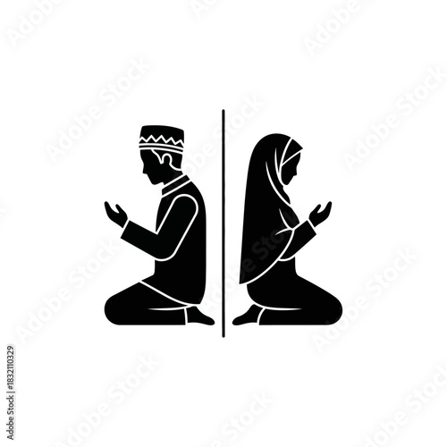 Minimalist black silhouette icon of a Muslim man and Muslim woman praying