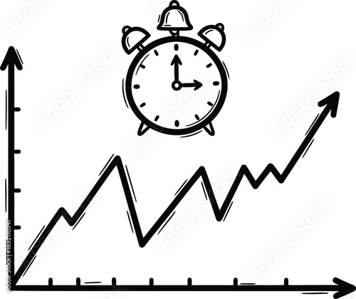 Doodle simple line chart with a clock icon, hand-drawn solid black on white, indicating historical data tracking, quick financial report sketch