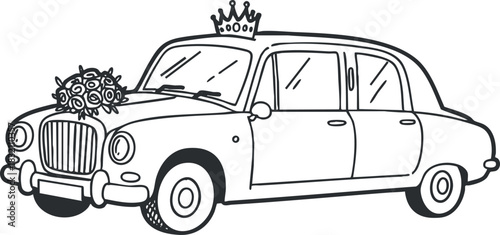 A wedding car decorated with flowers and a crown in outline minimalist vector style, perfect for wedding invitations and decorations