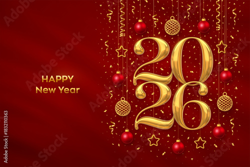 Happy New Year 2026. Hanging Golden metallic numbers 2026 with shining 3D metallic stars, balls, confetti on red background. New Year greeting card, banner template. Realistic Vector illustration.