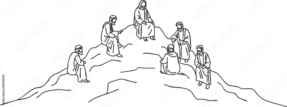 Obraz premium A group of six individuals sitting together on a mountain in a simple line art style, suitable for storytelling or community themes