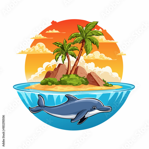 Insel mit Palmen - im Meer schwimmt ein Delfin - Cartoon Comic Stil