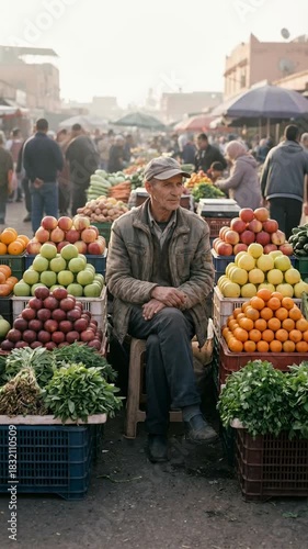 A fruit vendor sits amidst his colorful display, surrounded by an array of fresh produce at a vibrant outdoor market, creating a still-life of daily life.
