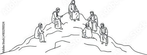 A group of six individuals sitting together on a mountain in a simple line art style, suitable for storytelling or community themes