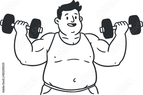 A cartoon man lifting dumbbells in an outline vector style, perfect for fitness and health-related designs
