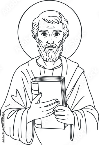A saint holding a book in outline minimalist vector style, suitable for religious illustrations and spiritual themes