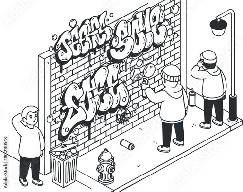 A group of graffiti artists painting a colorful mural on a brick wall in a black and white outline vector style, ideal for urban art projects