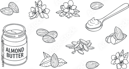 A collection of almond butter jar, almonds, flowers, and a spoon in an outline vector style, perfect for healthy food designs