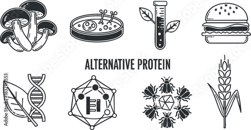 A set of alternative protein icons featuring mushrooms, DNA helix, lab equipment, and insects in minimalist black and white vector style, suitable for food innovation and health projects