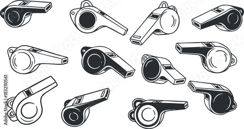 A collection of various whistle designs in black and white minimalist vector style, perfect for sports coaching and training materials