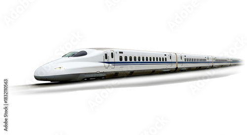 White Japanese Shinkansen bullet train with blue stripes moving on tracks isolated on a transparent background