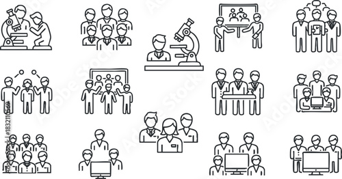 A collection of outline vector icons depicting teamwork and collaboration in scientific research, ideal for educational and professional contexts