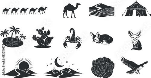 A collection of desert-themed icons including camels, cacti, scorpions, and a fox in black and white vector style, ideal for travel and adventure branding