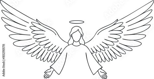 An angel with wings and a halo in a clean outline vector style, suitable for spiritual and religious themes