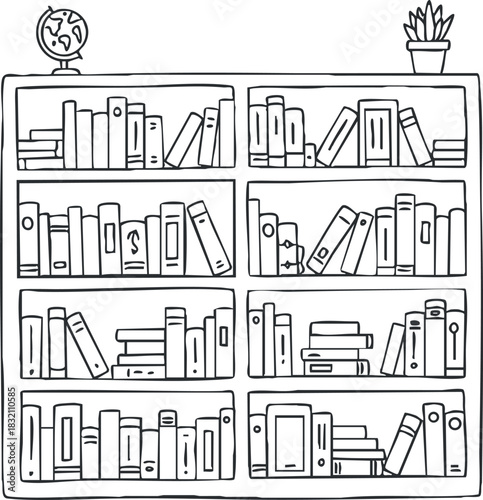 A bookshelf filled with various books and a globe and plant in black and white outline vector style, perfect for educational projects