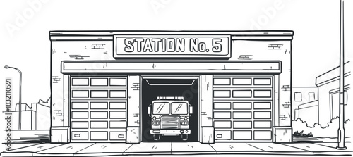 A fire station with a truck in outline vector style, suitable for emergency service illustrations and urban designs