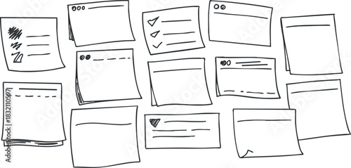 A collection of hand-drawn sticky notes and notepads in minimalist black outline vector style, ideal for brainstorming and organizational designs