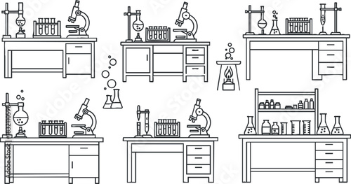 A collection of laboratory tables with microscopes, test tubes, and scientific equipment in black and white outline vector style, ideal for educational materials