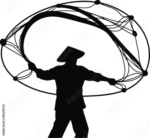 Fisherman casting net silhouette