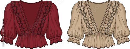 Vector technical sketch of romantic women's blouse featuring deep V-neck, ruffle lace details, and puff sleeves in two colors.