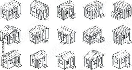 A set of outlined house illustrations in minimalist vector style, suitable for architectural design projects and urban planning