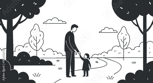 A parent and child walking hand in hand along a path in a minimalist black and white vector style, perfect for family-oriented projects
