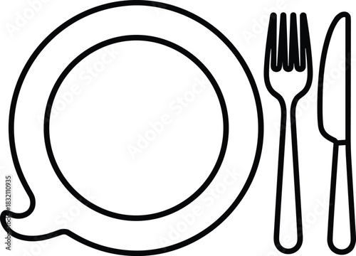 Linear vector icon of plate shaped as a speech bubble with fork and knife, representing food reviews and dining conversation.