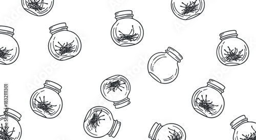 A collection of glass jars filled with herbs in a black and white outline vector style, ideal for kitchen decor and culinary design