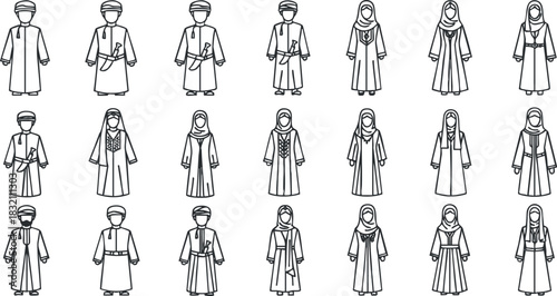 A collection of traditional clothing illustrations featuring diverse male and female figures in black and white minimalist vector style, perfect for cultural representation and education