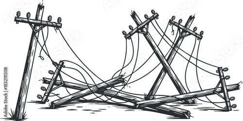 A set of broken and fallen power lines with utility poles in black and white vector style, ideal for safety and disaster awareness projects