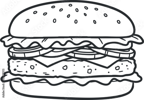 A delicious burger with lettuce, tomato, and cheese in black and white outline vector style, suitable for food menus and branding