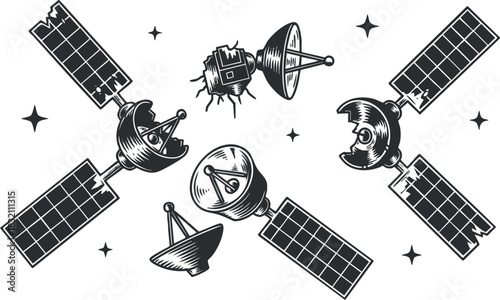 A collection of satellites and space probes in geometric black and white vector style, ideal for technology and space exploration projects