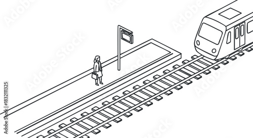 A person waiting at a train station beside tracks with a train approaching in minimalist outline vector style, suitable for transport themes and urban graphics