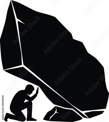 Man pushing boulder uphill symbol of struggle perseverance