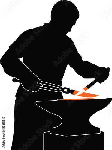 Blacksmith forging metal on anvil silhouette