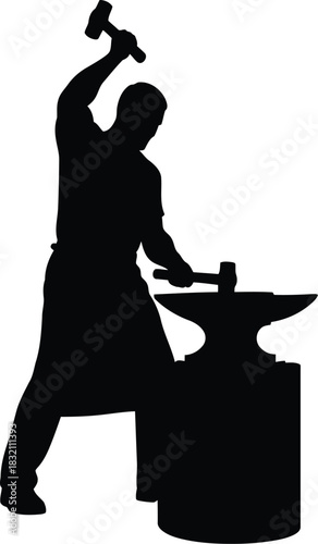 Blacksmith silhouette hammering metal on anvil