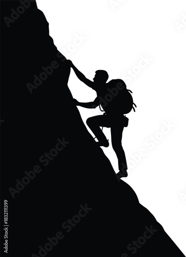 Silhouette climber ascending steep mountain peak