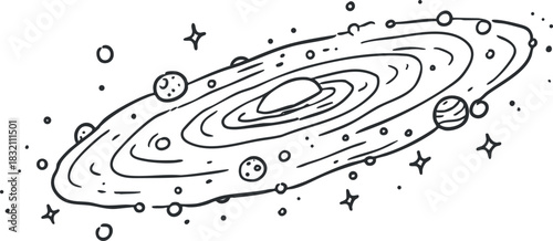 A swirling galaxy illustration in black and white outline vector style, suitable for educational and creative projects