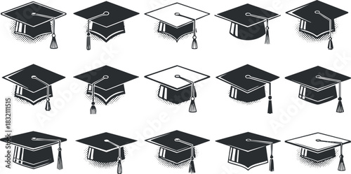 A set of graduation caps with tassels in black and white outline vector style, perfect for educational themes and designs