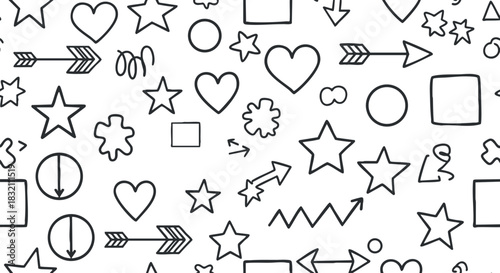 A collection of playful hand-drawn shapes including stars, hearts, circles, and arrows in minimalist black outline style, perfect for graphic design projects