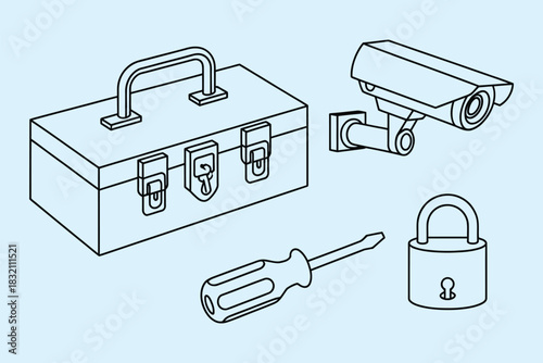 toolbox with lock and drill icon highlighting secure storage repair equipment and essential handyman tools ideal for technical documentation product packaging digital interfaces construction industry 