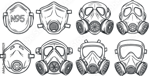A collection of various N95 and gas masks in outline vector style, suitable for health and safety design projects