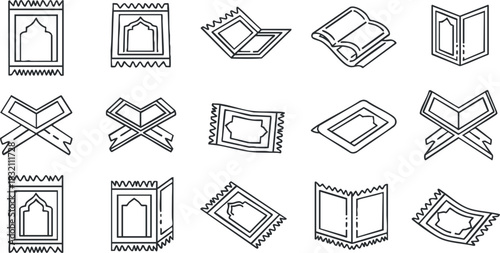 A set of outline vector icons depicting Islamic books and symbols in minimalist style, perfect for educational projects and religious themes