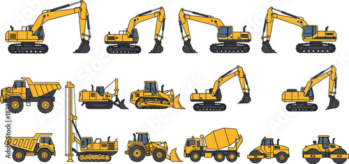 Vector collection of yellow heavy construction machinery featuring excavators, dump trucks, bulldozers, and road rollers isolated on white.