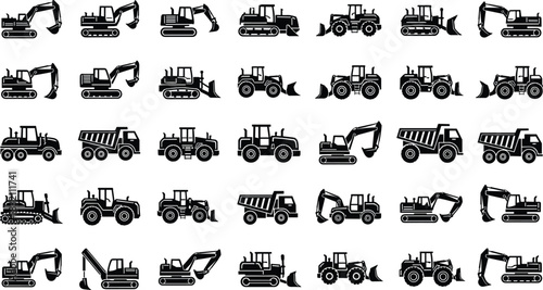 Huge set of heavy construction machinery icons featuring excavators, bulldozers, and dump trucks, black vector silhouettes isolated on white.